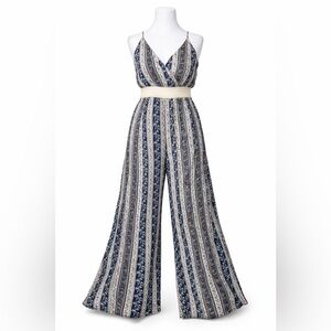 J Is For Justify Boho Wide Leg Jumpsuit Floral Striped Smocked Waist XL